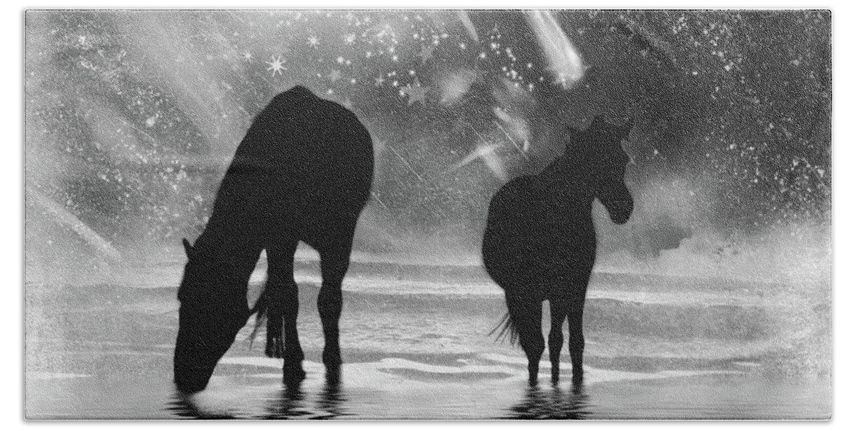 Horses Hand Towel featuring the photograph Midnight Horses at the Beach Black and White by Peggy Collins
