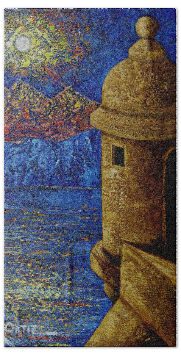 El Morro Bath Towel featuring the painting Midnight Mirage in San Juan by Oscar Ortiz