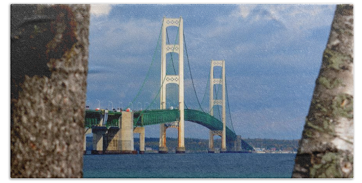 Mackinac Bridge Bath Towel featuring the photograph Mighty Mac Framed by Trees by Keith Stokes