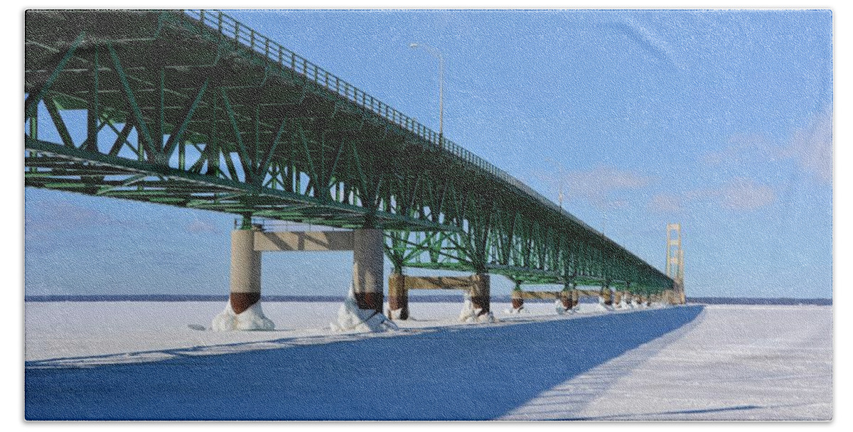 Mackinac Bridge Hand Towel featuring the photograph Mighty Mac On Ice by Keith Stokes