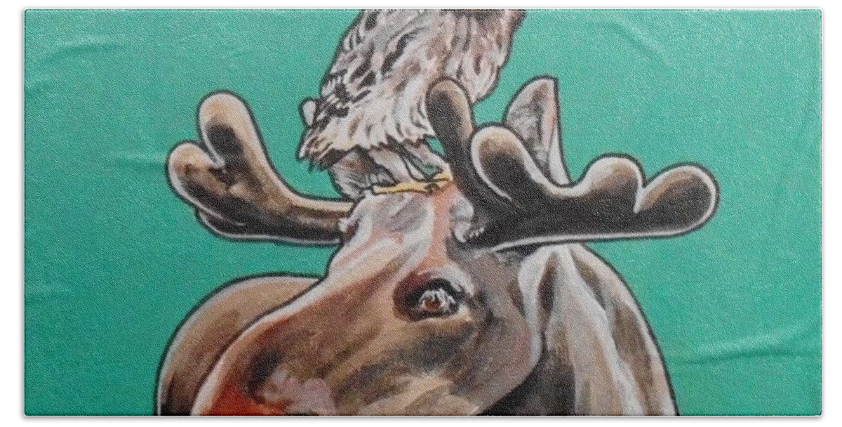 Moose And Owl Hand Towel featuring the painting Mike the Moose by Sharon Cromwell