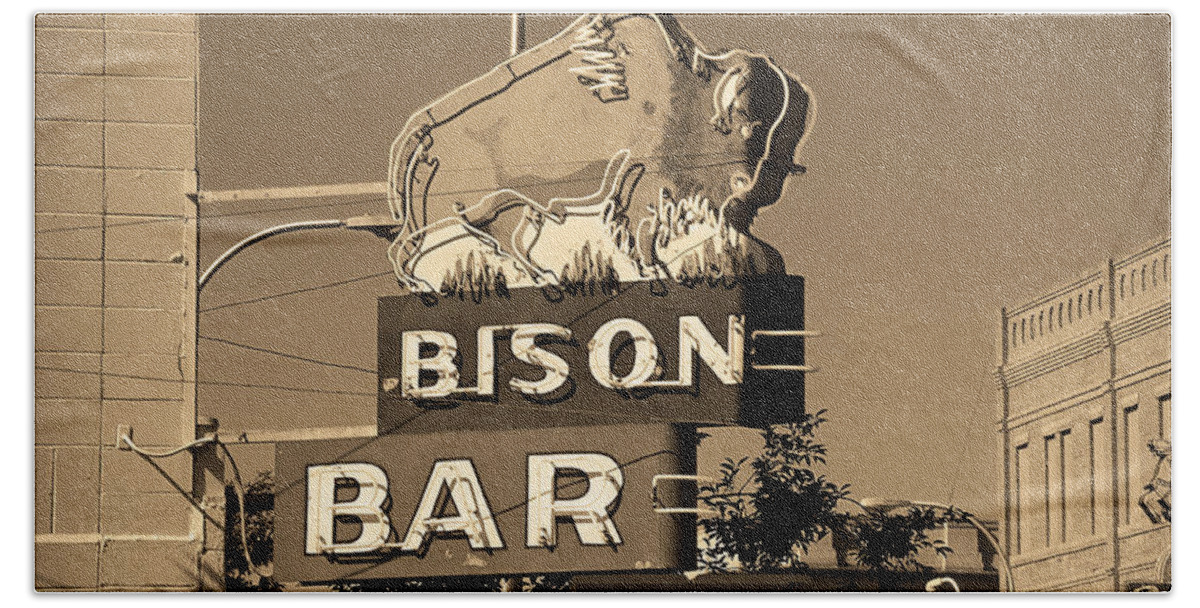 America Hand Towel featuring the photograph Miles City, Montana - Bison Bar Sepia by Frank Romeo