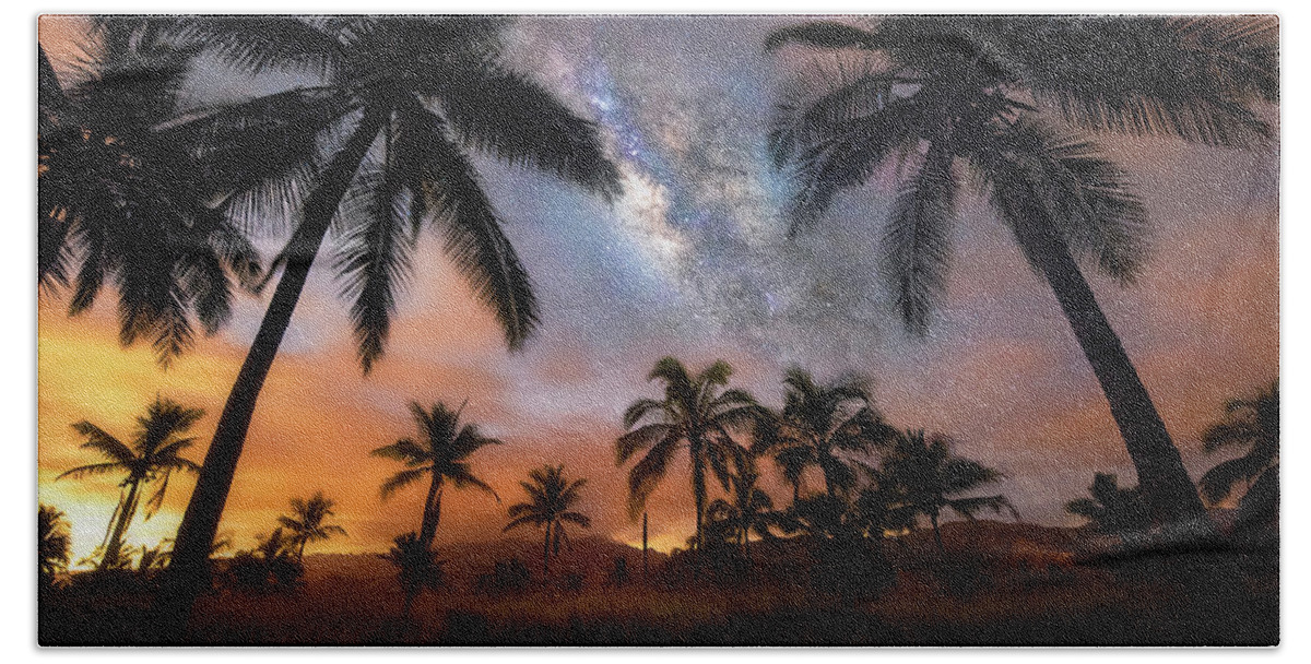 Maui Hawaii Milky Way Palm Trees Night Sky Bath Towel featuring the photograph Milky Palms by James Roemmling