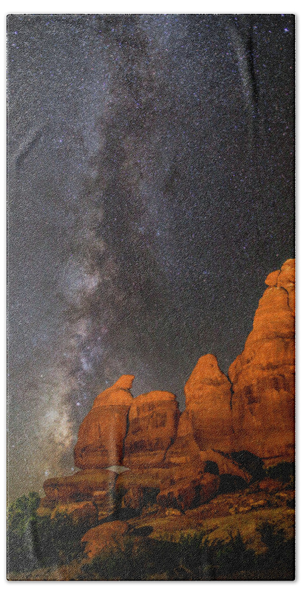 Moab Bath Towel featuring the photograph Milky Way and Navajo Rocks by Dan Norris