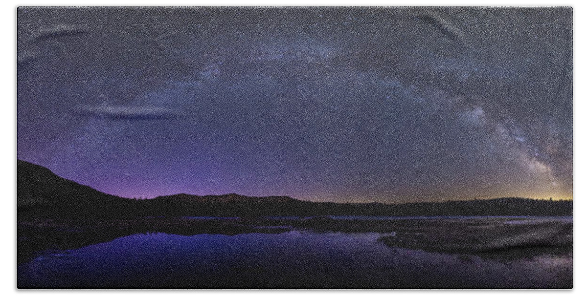 Milky Bath Towel featuring the photograph Milky Way over Lonesome Lake Panorama by White Mountain Images