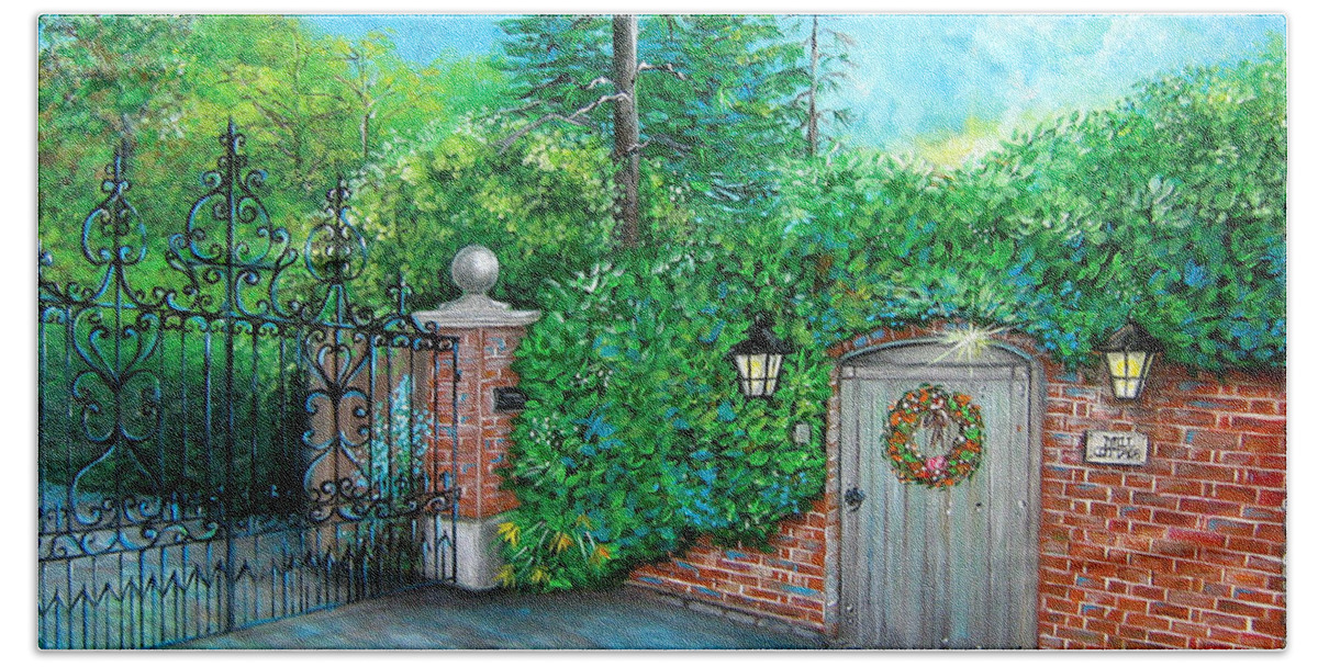 Mill Hand Towel featuring the painting George Michaels Mill Cottage Garden by Bella Apollonia