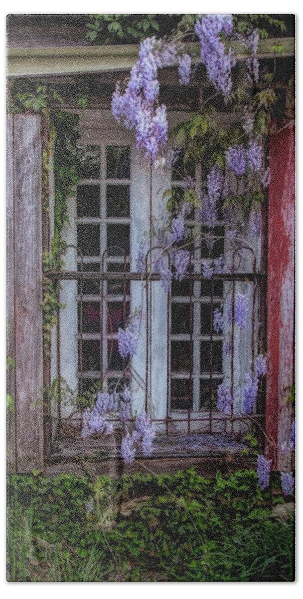 Pleasant Mills Bath Sheet featuring the photograph Mill Window Framed By Wisteria by Kristia Adams