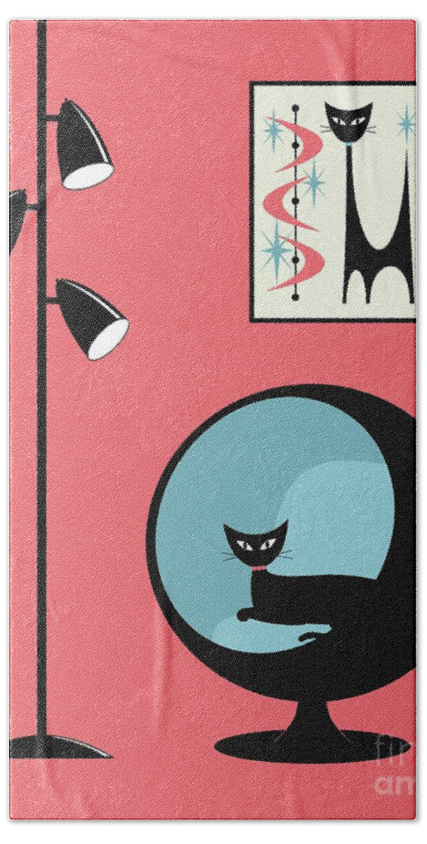 Mid Century Modern Bath Towel featuring the digital art Mini Atomic Cat on Pink by Donna Mibus