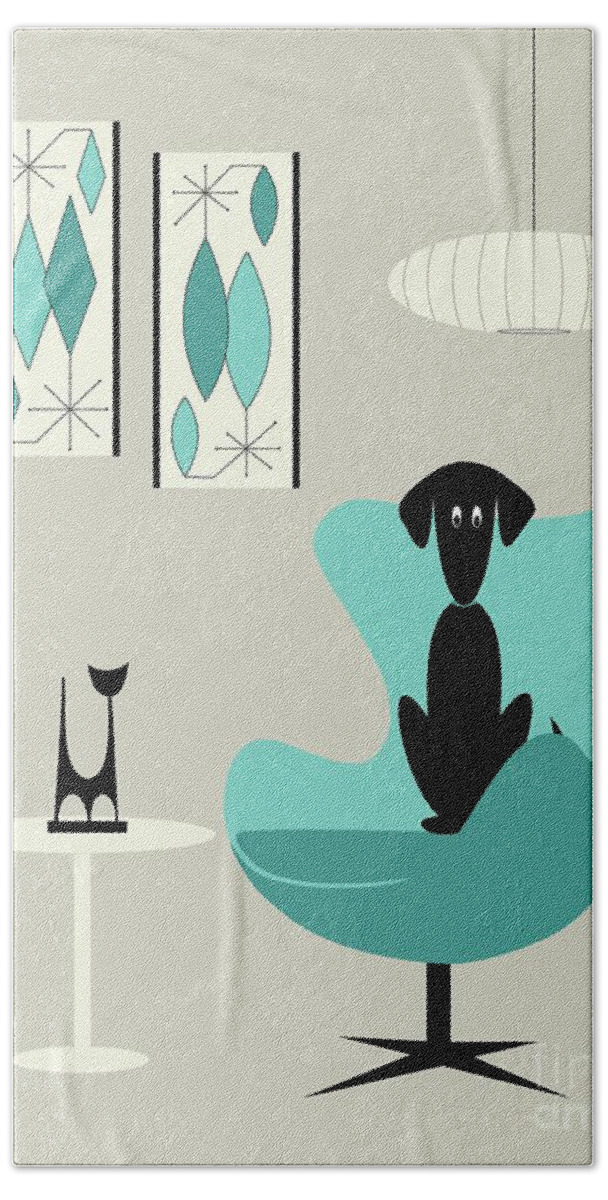 Teal Bath Towel featuring the digital art Mini Gravel Art on Gray with Black Dog by Donna Mibus