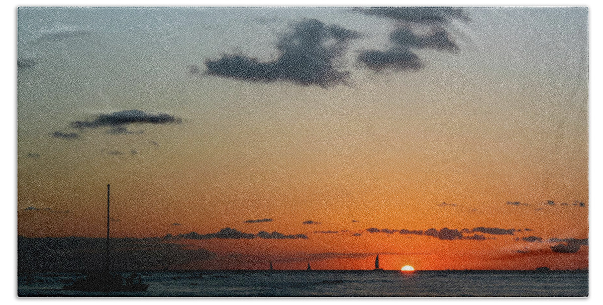Sunset Hand Towel featuring the photograph Minimal Sunset at Waikiki Beach by Aashish Vaidya