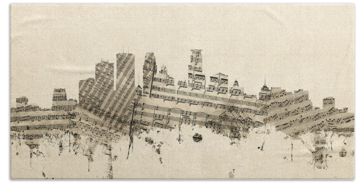 Minneapolis Hand Towel featuring the digital art Minneapolis Minnesota Skyline Sheet Music Cityscape by Michael Tompsett
