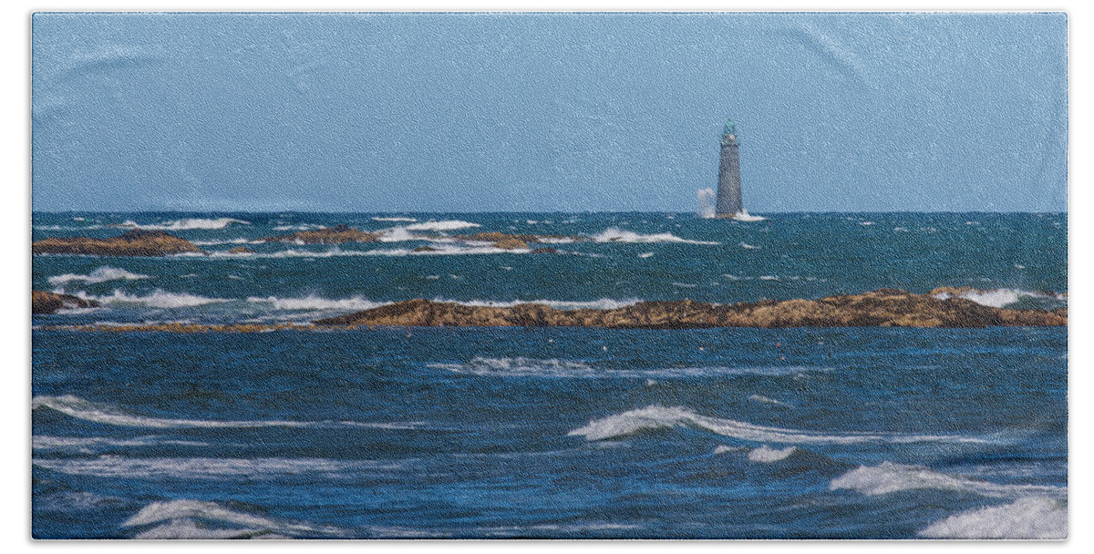 Lighthouse Hand Towel featuring the photograph Minot Lighthouse Wave Crash by Brian MacLean
