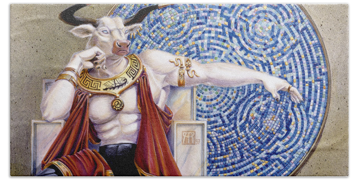 Anthropomorphic Hand Towel featuring the painting Minotaur with Mosaic by Melissa A Benson