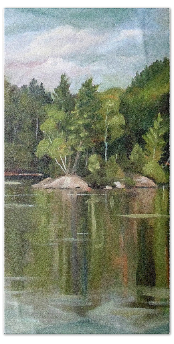New Hampshire Artist Hand Towel featuring the painting Mirror Lake En Plein Air by Nancy Griswold