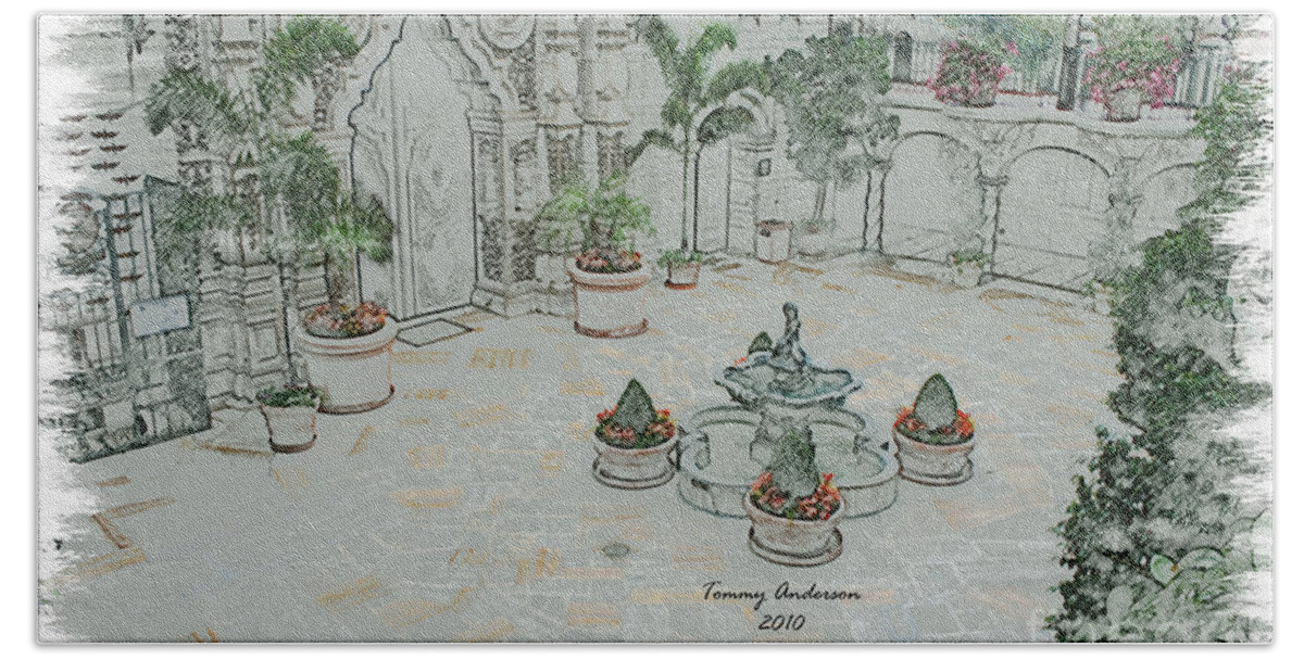 Mission Inn Hand Towel featuring the digital art Mission Inn Chapel Courtyard by Tommy Anderson