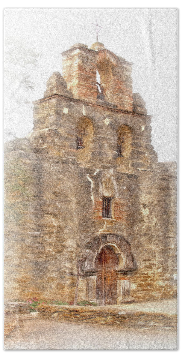Church Hand Towel featuring the photograph Mission San Francisco de la Espada in Faux Pencil Drawing by David and Carol Kelly