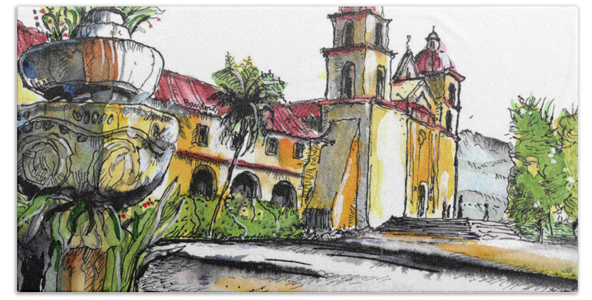 California Missions Hand Towel featuring the painting Mission Santa Barbara by Terry Banderas