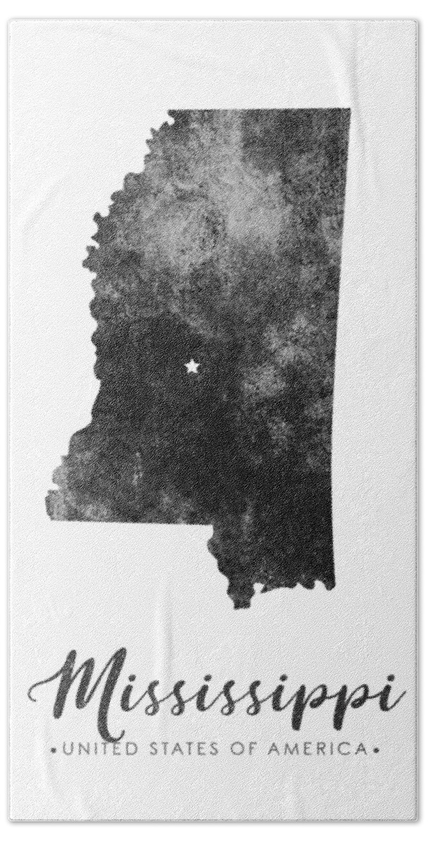 Mississippi Bath Towel featuring the mixed media Mississippi State Map Art - Grunge Silhouette by Studio Grafiikka