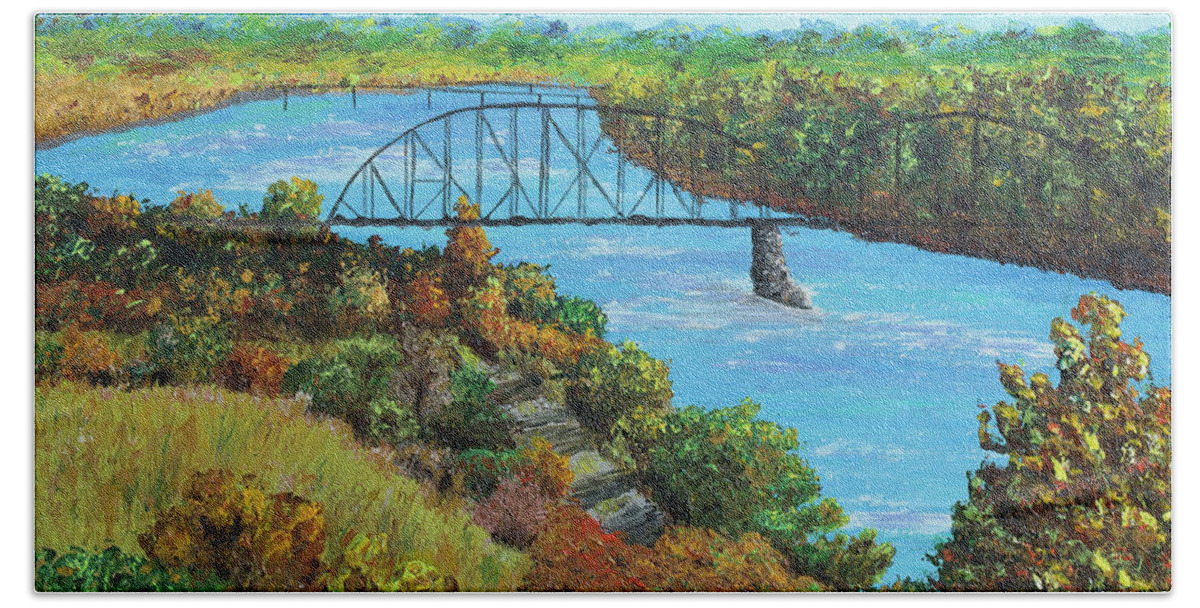 Missouri Bath Towel featuring the painting Missouri River Crossing by Linda Donlin