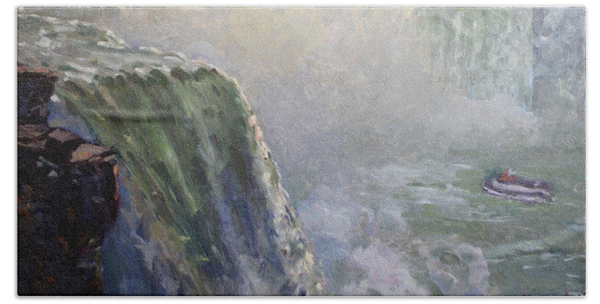 Mist Hand Towel featuring the painting Mist at Horseshoe Falls by Ylli Haruni