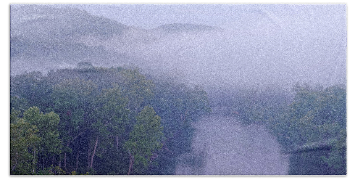 Current River Bath Towel featuring the photograph Mist of the Current River. by Robert Charity