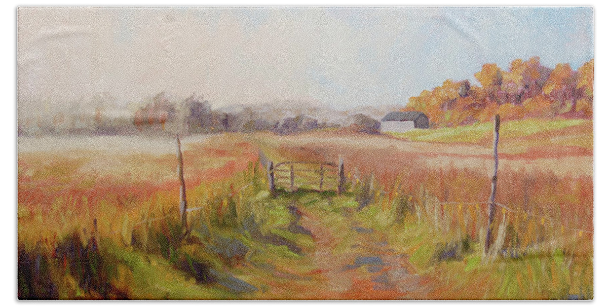 Fall Hand Towel featuring the painting Mist On The Hayfields by Barbara Hageman