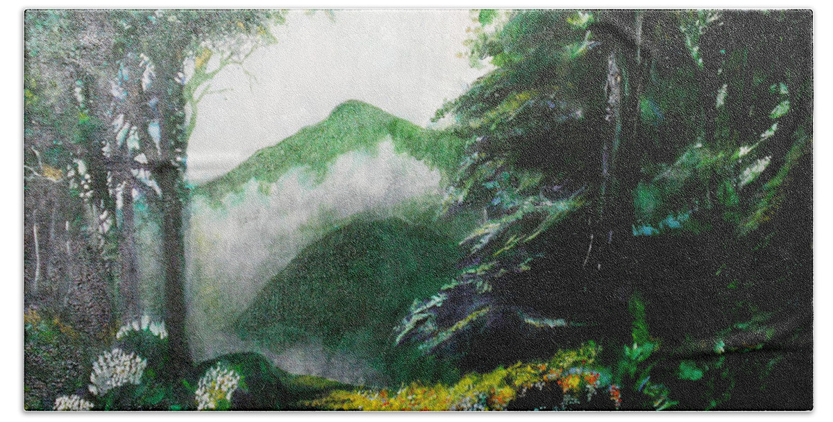 Mist On The Mountain Bath Towel featuring the painting Mist on the Mountain by Seth Weaver