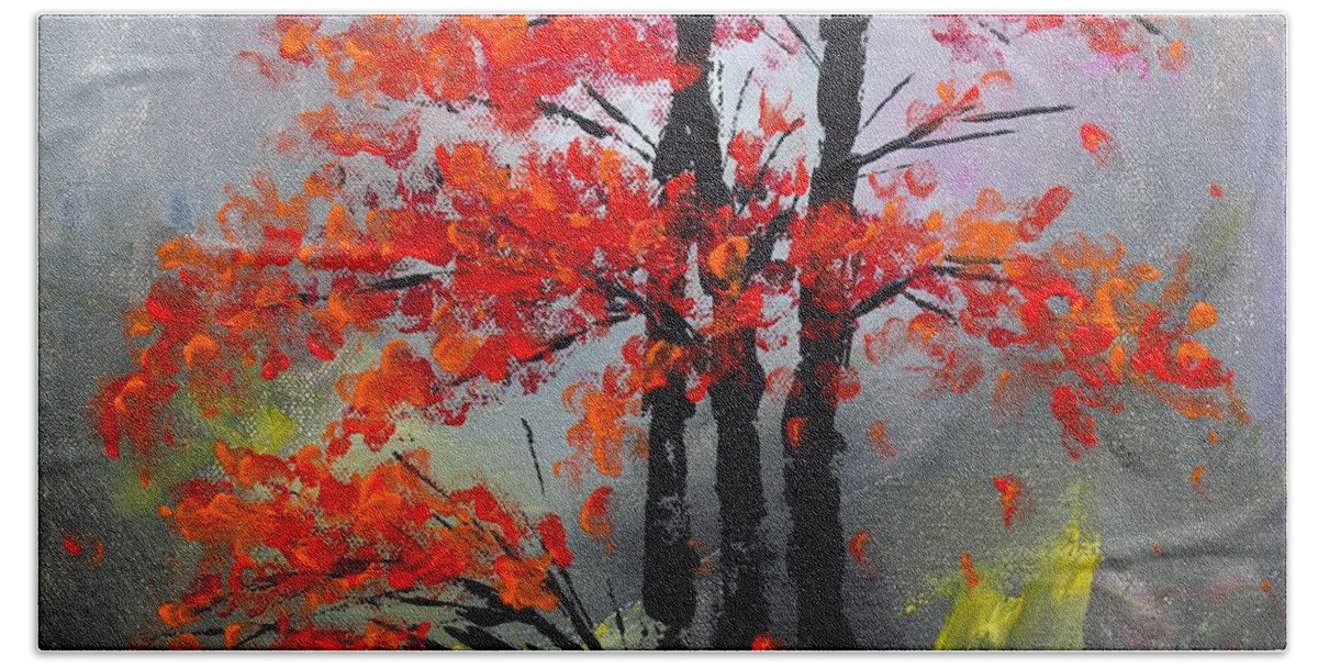 Forest Hand Towel featuring the painting Misty Autumn by Kume Bryant