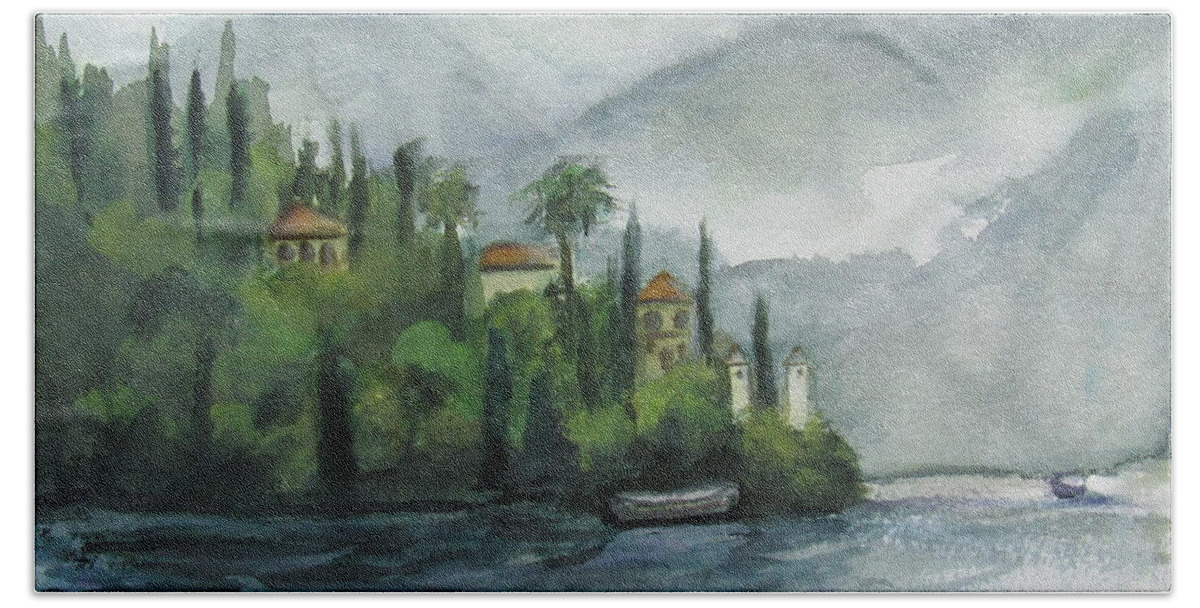Mist Hand Towel featuring the painting Misty Island by Laurie Morgan