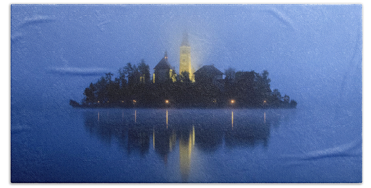 Slovenia Bath Towel featuring the photograph Misty morning Lake Bled Slovenia by Tom and Pat Cory
