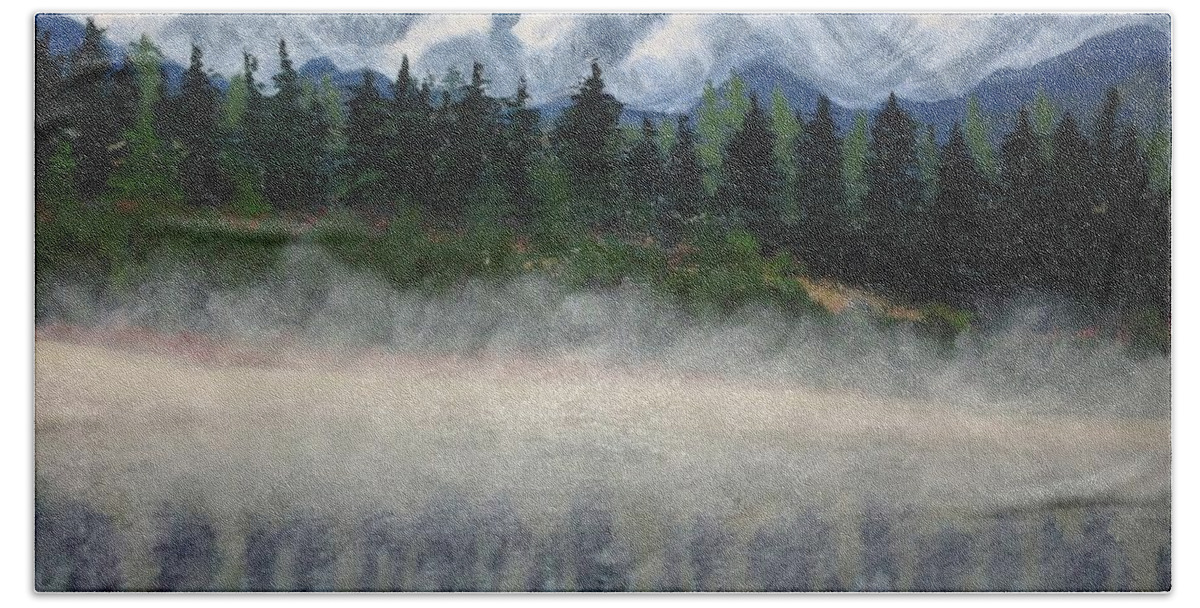  Hand Towel featuring the painting Misty Morning on the Mountain by Barrie Stark