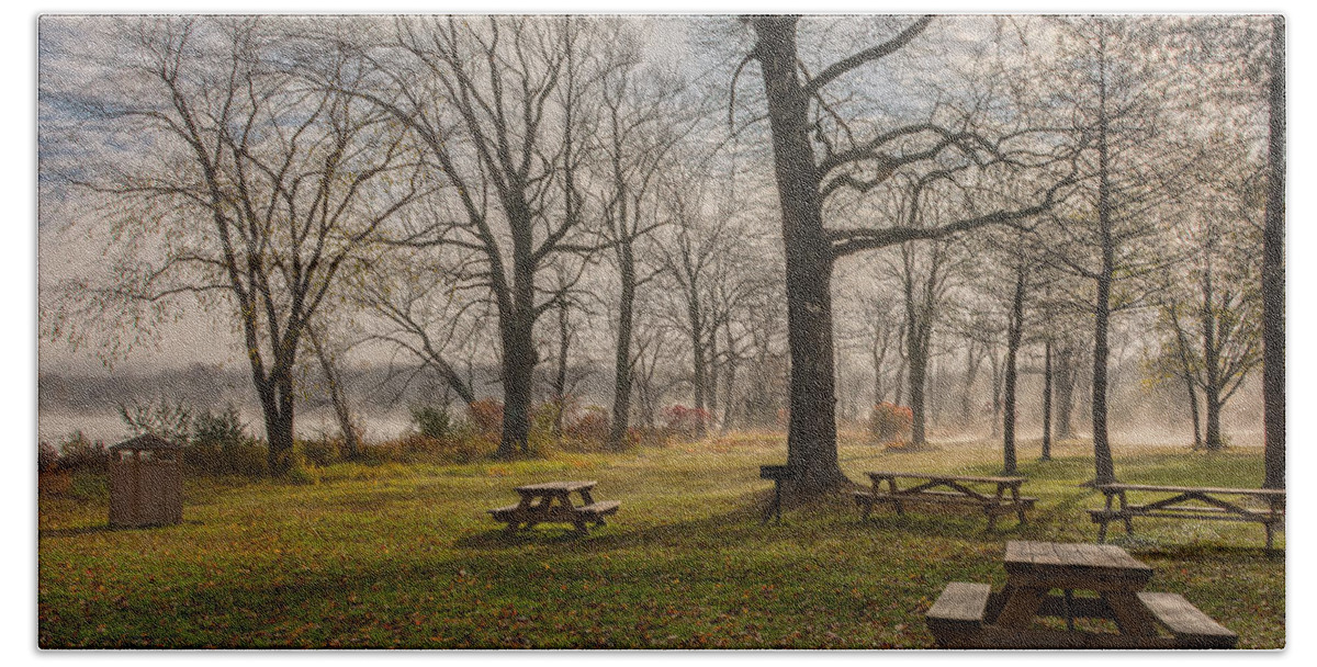 Sugar Loaf Hand Towel featuring the photograph Misty November Picnic Grove by Angelo Marcialis