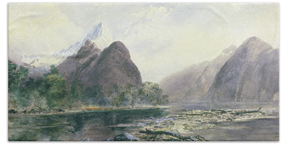 Mitre Peak Hand Towel featuring the painting Mitre Peak, Milford Sound by Celestial Images