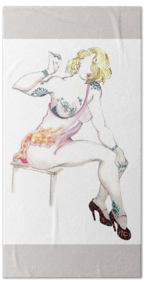 Pinup Bath Towel featuring the mixed media Mitzi - female nude, pinup by Carolyn Weltman