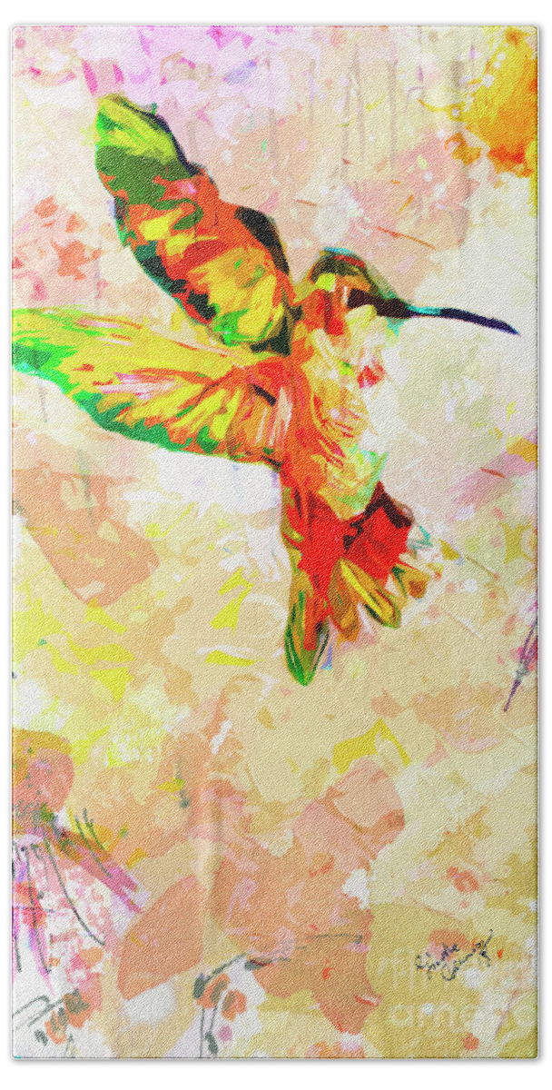 Hummingbird Bath Towel featuring the mixed media Modern Expressive Hummingbird by Ginette Callaway