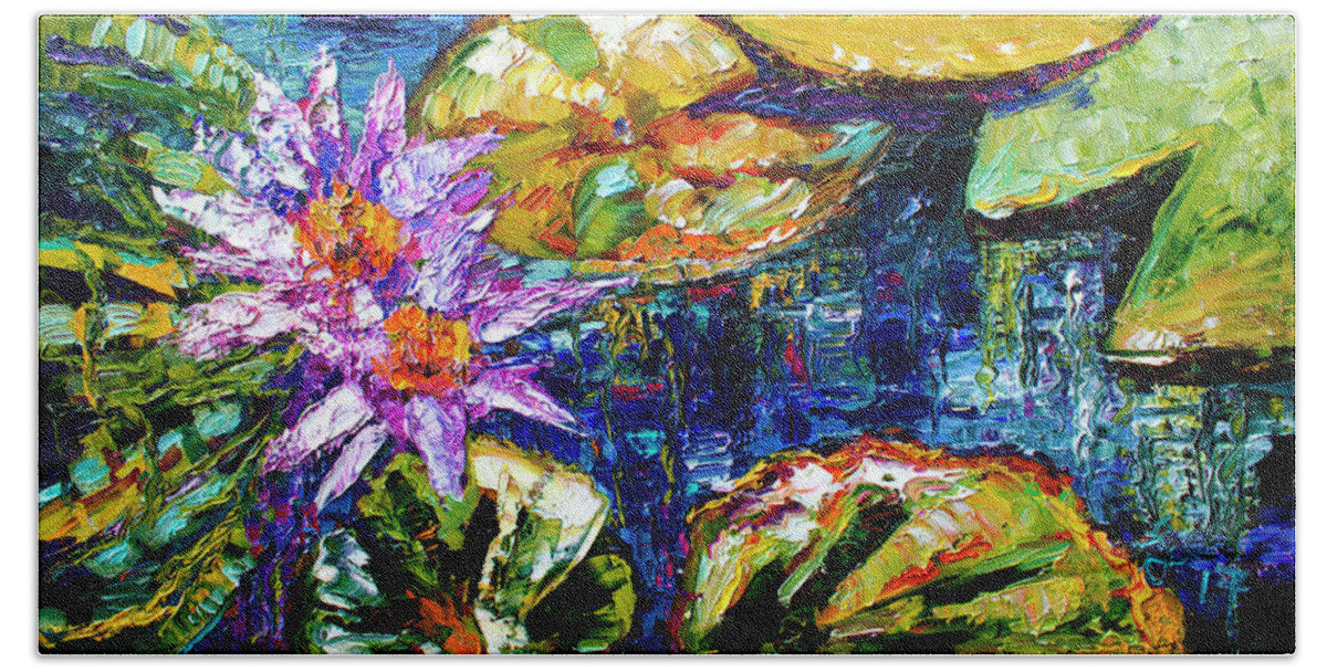 Impressionist Hand Towel featuring the painting Modern Impressionist Lily Pond Reflections by Ginette Callaway