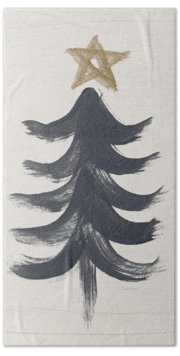 Contemporary Bath Sheet featuring the painting Modern Primitive Black and Gold Tree 1- Art by Linda Woods by Linda Woods