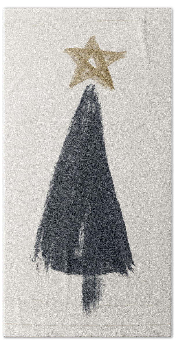 #faaAdWordsBest Bath Towel featuring the painting Modern Primitive Black and Gold Tree 3- Art by Linda Woods by Linda Woods