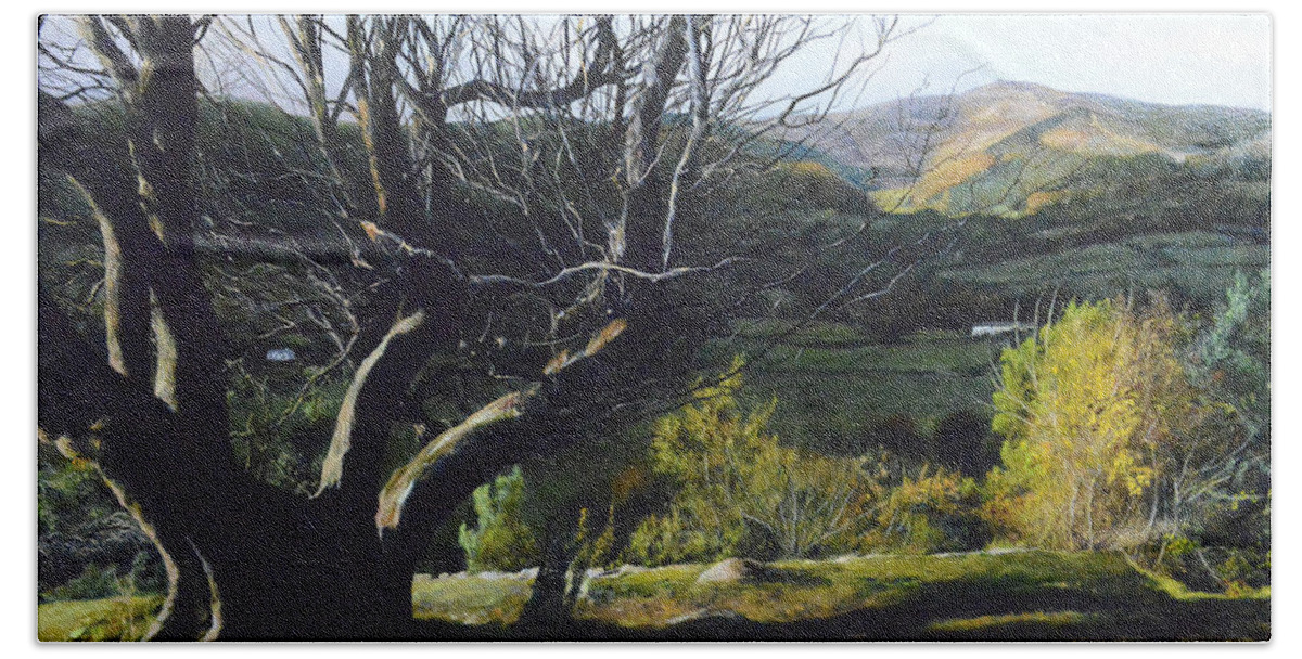 Landscape Bath Towel featuring the painting Moel Famau from Loggerheads by Harry Robertson