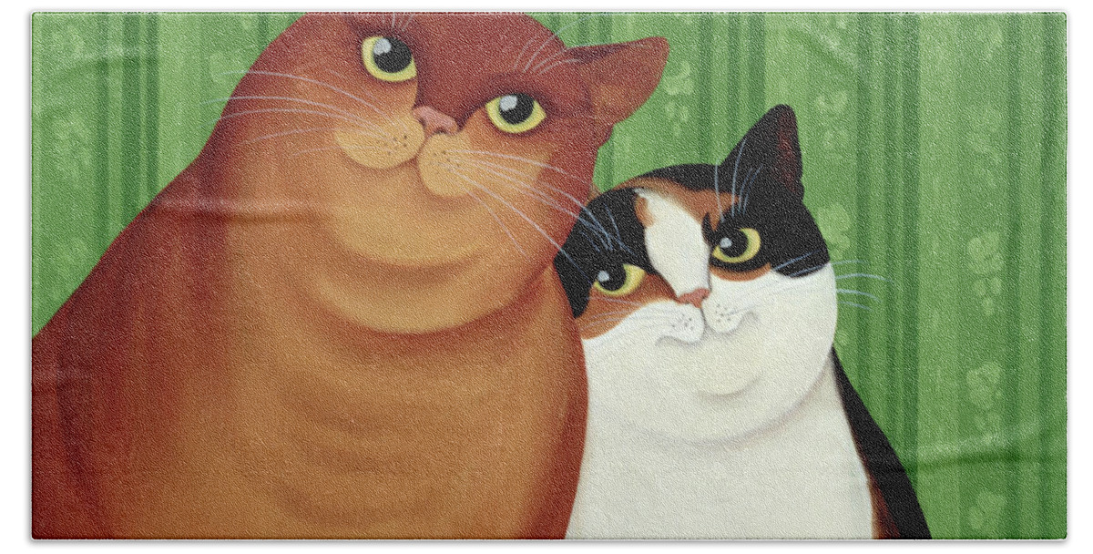 Cat; Cats; Couple; Pet; Pets Naive; Animals; Smiling; Happy; Moggies Hand Towel featuring the painting Moggies by Magdolna Ban