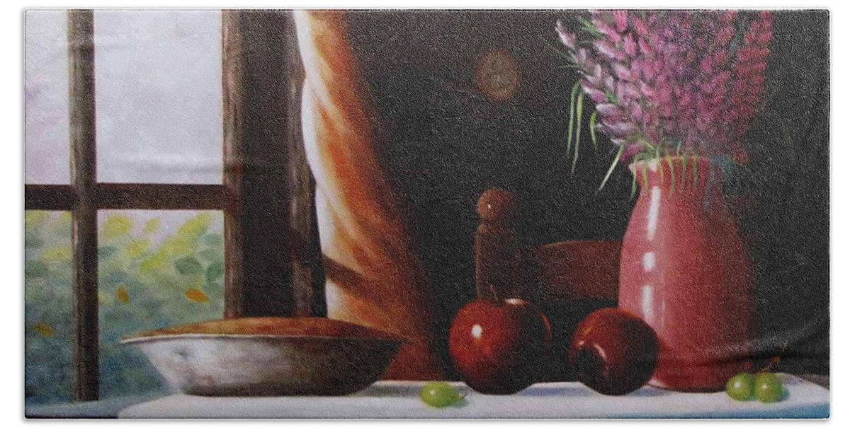 Table At Window With Pie Hand Towel featuring the painting Mom's apple pie by Gene Gregory