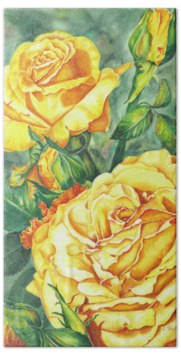 Yellow Rose Watercolor Bath Towel featuring the painting Mom's Golden Glory by Lori Taylor