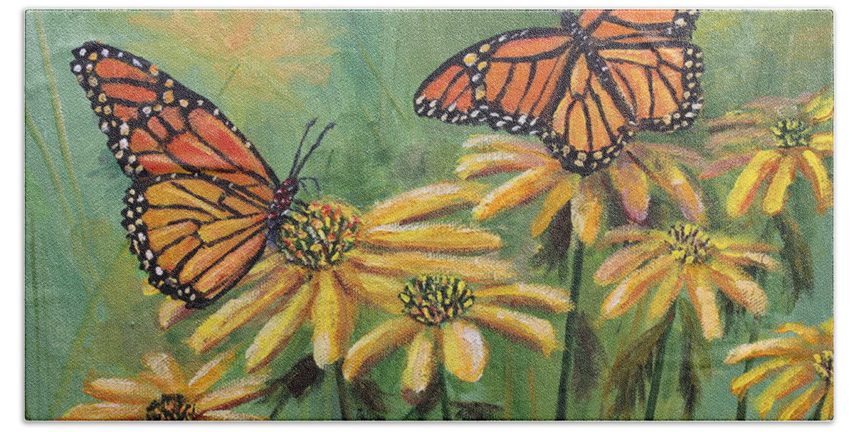 Monarch Butterflies Hand Towel featuring the painting Monarch Butterflies by Lou Ann Bagnall