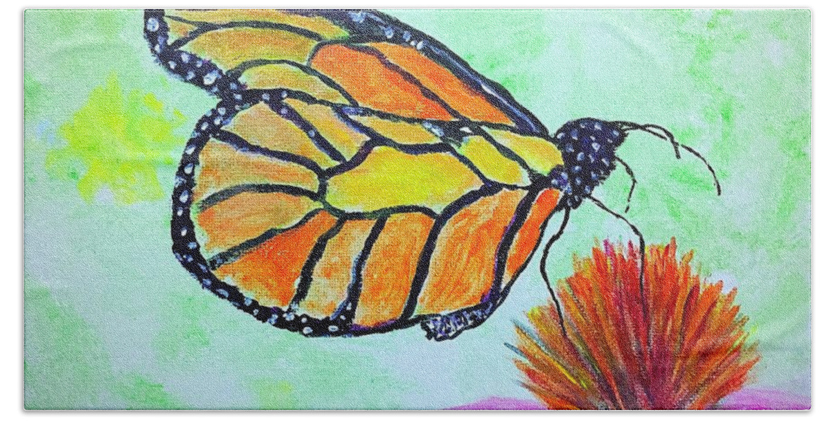 Monarch Butterfly Bath Towel featuring the painting Monarch Butterfly Closeup by Anne Sands