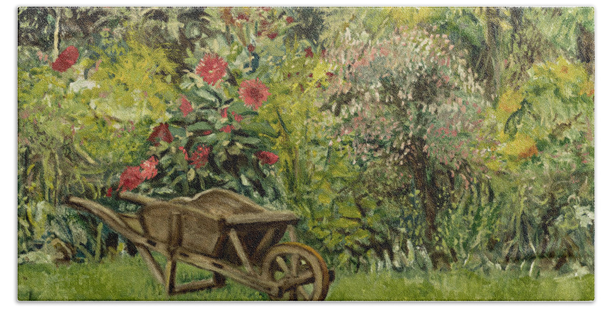 Garden Flowers Hand Towel featuring the painting Monet's Garden Wheelbarrel by Kathy Knopp