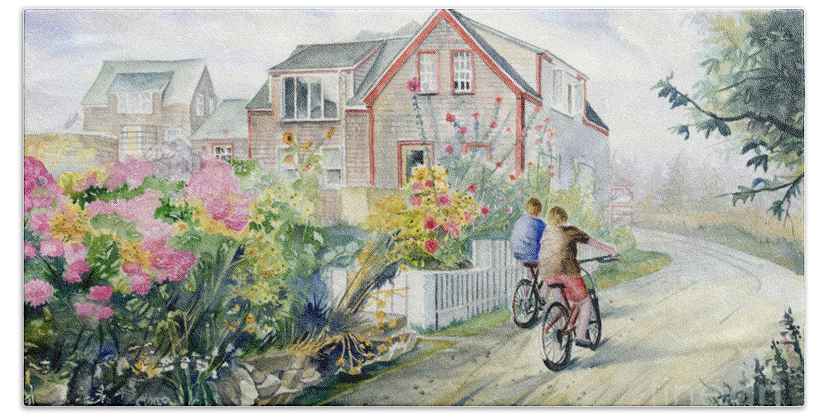 Monhegan Island Hand Towel featuring the painting Monhegan Avenue by Melly Terpening