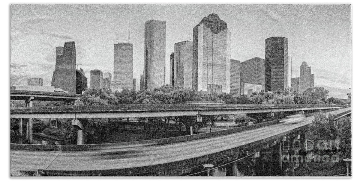 City Bath Towel featuring the photograph Monochrome Panorama of Downtown Houston Skyline from Buffalo Bayou Park - Harris County Houston Texa by Silvio Ligutti