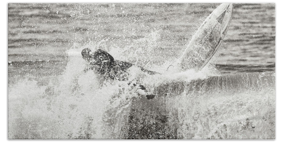 Surfer Bath Towel featuring the photograph Monochrome Wipeout by Nicholas Burningham