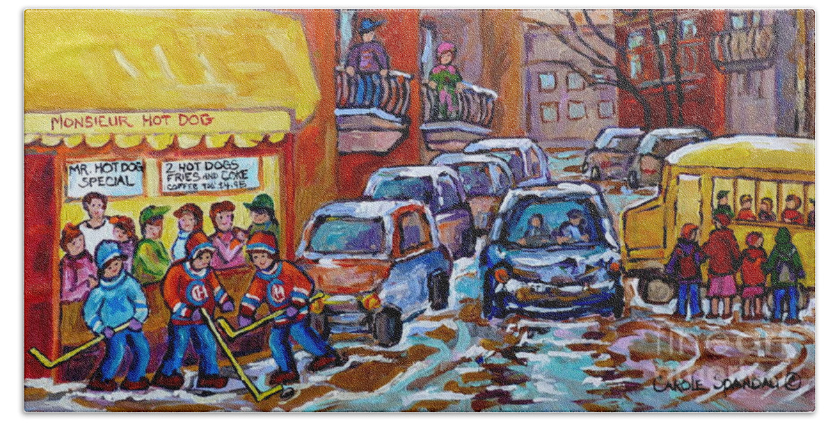 Montreal Bath Towel featuring the painting Monsieur Hot Dog Montreal 375 Canadian Hockey Art Painting Carole Spandau Winter City Scenes     by Carole Spandau