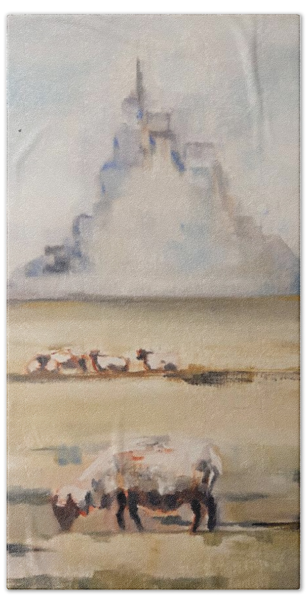 Mont Saint Michel Hand Towel featuring the painting Mont Saint Michel in the Morning by Christel Roelandt